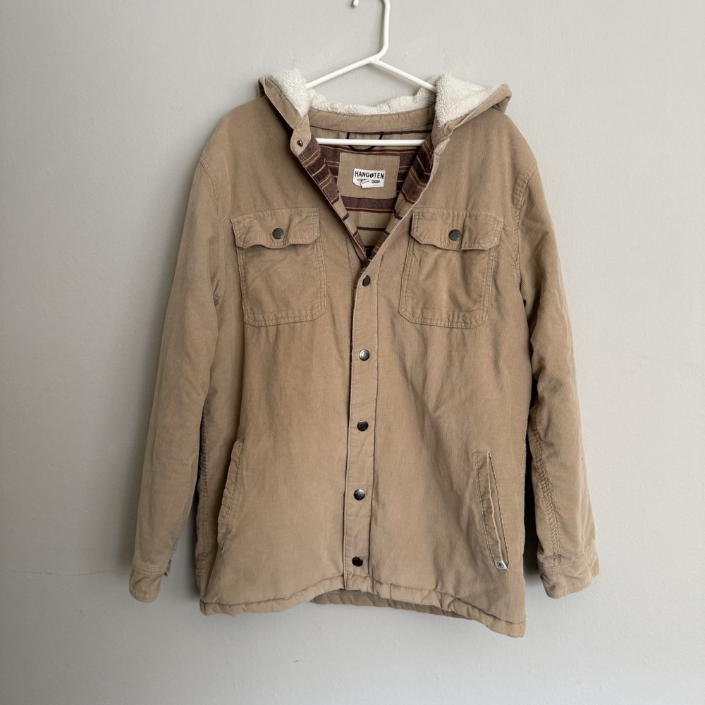 Hang Ten Beige Corduroy Jacket Mens L Hooded‎ Spring Fall Flannel Lined